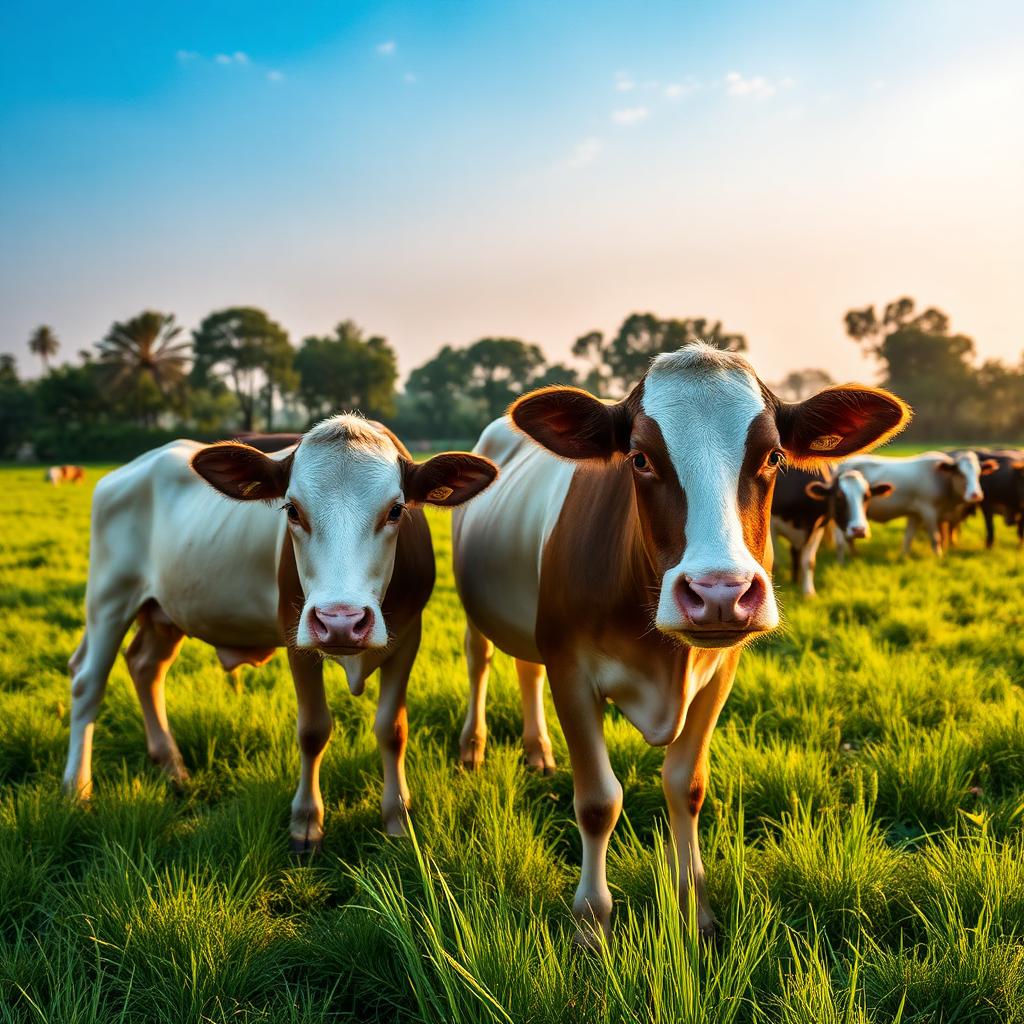 Healthy cows grazing in lush green pastures