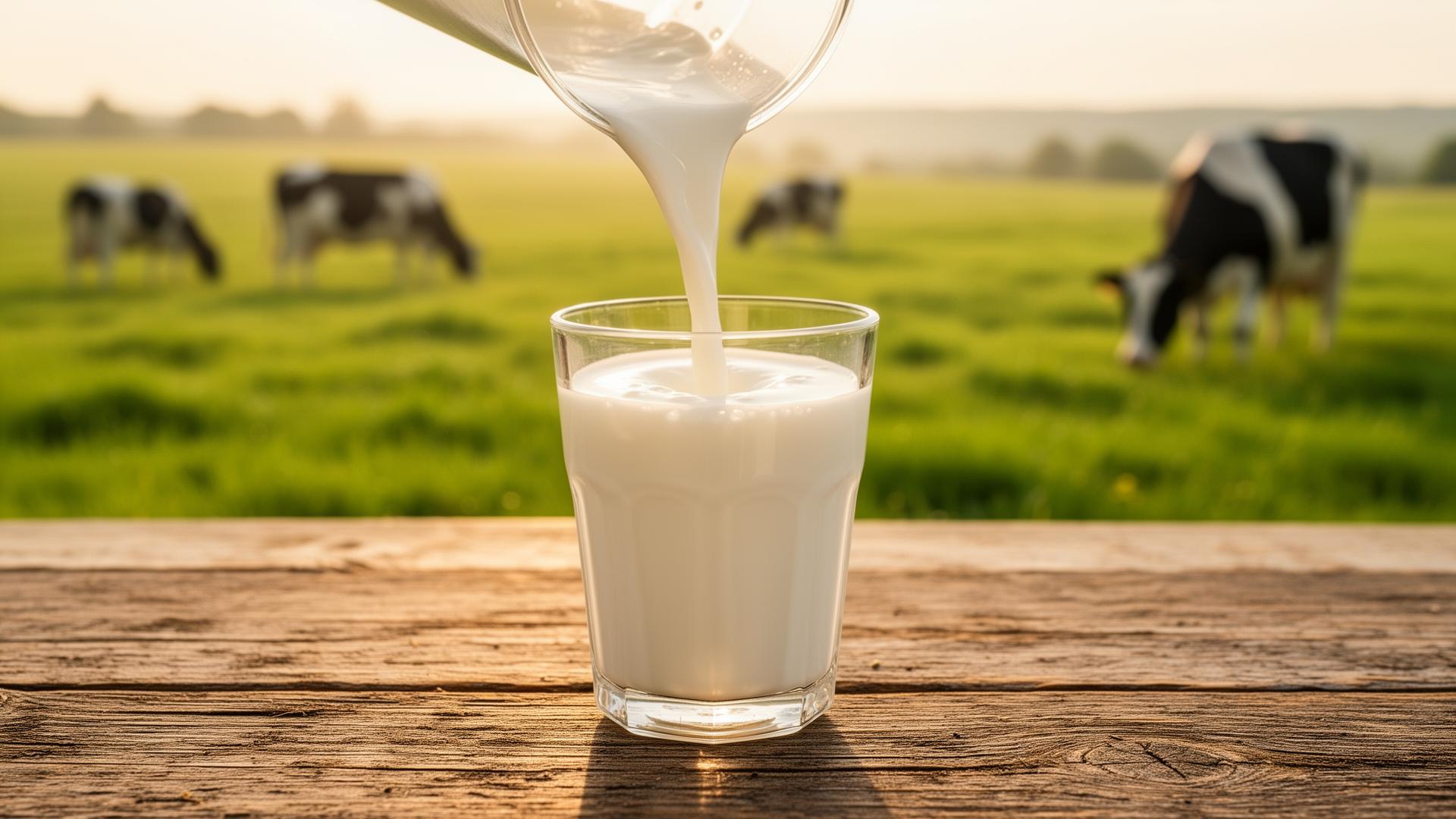 Fresh milk being poured with grazing cows in the background